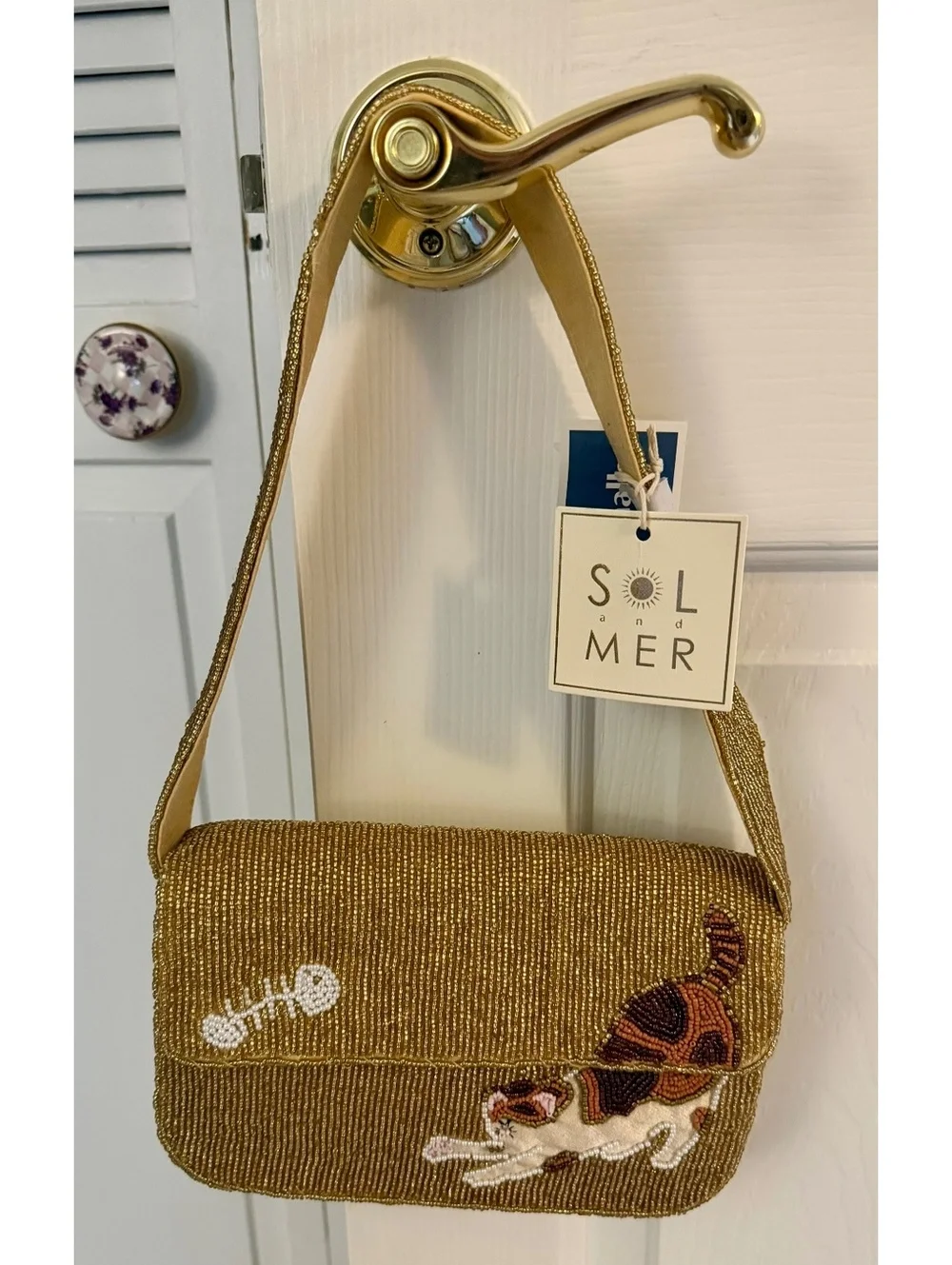 Sol Mer Beaded Cat Design Shoulder Bag Purse
